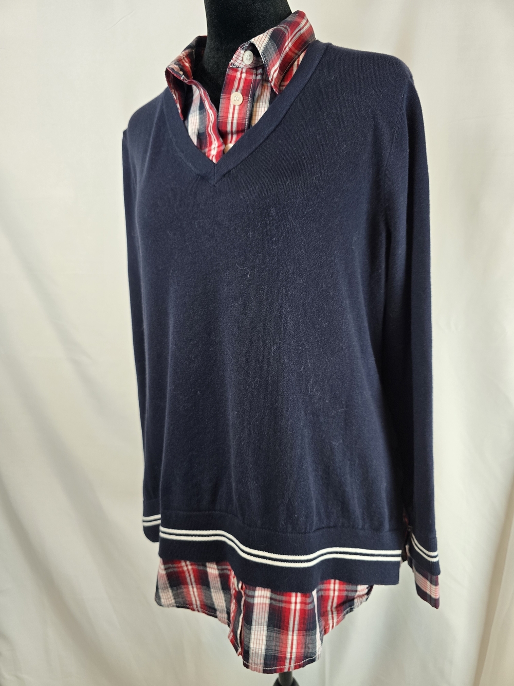 Tommy Hilfiger Navy V-Neck Sweater with White Stripe Trim